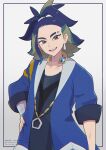  1boy :d absurdres adaman_(pokemon) arm_wrap black_shirt blue_coat blue_hair brown_eyes coat commentary_request earrings eyebrow_cut hand_on_own_hip head_tilt highres jewelry looking_at_viewer loose_hair_strand male_focus multicolored_hair neck_ring open_mouth p_0_a pokemon pokemon_legends:_arceus ponytail shirt smile solo teeth upper_teeth_only watermark 