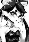  1girl bare_shoulders bow-shaped_hair breasts callie_(splatoon) cleavage collarbone cross-shaped_pupils detached_collar earrings highres inkling jewelry koharu2.5 long_hair medium_breasts monochrome pointy_ears short_eyebrows simple_background solo splatoon_(series) splatoon_1 symbol-shaped_pupils tentacle_hair upper_body white_background 
