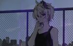  1girl bare_arms black_shirt chain-link_fence cityscape collarbone ear_piercing fence flower_(vocaloid) flower_(vocaloid4) hand_on_own_chin ishitsuki_(_0101_831) looking_at_viewer multicolored_hair night outdoors parted_lips piercing purple_hair shirt short_hair smile solo streaked_hair upper_body vocaloid white_hair 