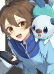  1boy :d absurdres black_shirt blue_jacket blush brown_hair commentary_request ebi-chan_(tvyd2583) happy hat highres hilbert_(pokemon) holding holding_clothes holding_hat jacket lower_teeth_only male_focus on_shoulder open_mouth orange_eyes oshawott pokemon pokemon_(creature) pokemon_bw pokemon_on_shoulder shirt short_hair smile teeth zipper_pull_tab 