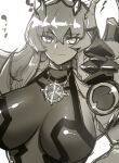  1girl aoba_(smartbeat) armor bangs bare_shoulders breasts dress earrings fairy_knight_gawain_(fate) fairy_knight_gawain_(second_ascension)_(fate) fate/grand_order fate_(series) gauntlets greyscale highres horns jewelry large_breasts long_hair looking_at_viewer monochrome necklace pauldrons shoulder_armor sideboob single_gauntlet single_pauldron smile solo 