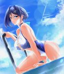  1girl absurdres bikini blue_eyes blue_hair bracelet day hair_intakes highres hololive jewelry looking_at_viewer o-ring o-ring_bikini ouro_kronii pool short_hair solo sunlight swimsuit the_raineman virtual_youtuber water wet 