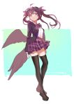 1girl absurdres ahoge black_footwear black_hair black_jacket black_thighhighs blazer bow bowtie breasts brown_wings closed_mouth commentary_request expressionless feathered_wings full_body hair_bow highres himekaidou_hatate jacket kanta_(pixiv9296614) leaning_back loafers long_hair looking_at_viewer medium_bangs open_clothes open_jacket plaid plaid_bow plaid_bowtie plaid_skirt pointy_ears purple_bow purple_bowtie purple_skirt shirt shoes sidelocks skirt small_breasts solo thighhighs touhou twintails white_background white_shirt wings 