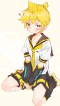  1boy :i arm_warmers bass_clef between_legs black_sailor_collar black_shorts blonde_hair blue_eyes blush collarbone commentary hand_between_legs highres kagamine_len leg_warmers looking_at_viewer male_focus necktie pout sailor_collar sat00e school_uniform seiza shirt short_ponytail short_sleeves shorts sitting solo spiked_hair squiggle v-shaped_eyebrows vocaloid white_shirt yellow_background yellow_nails yellow_necktie 