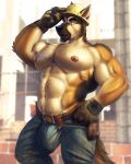  anthro armor big_bulge big_muscles blue_eyes body_hair bottomwear brown_body brown_fur bulge canid canine canis chest_hair clothed clothing construction_worker denim denim_bottomwear denim_clothing domestic_dog dream_and_nightmare front_view fur german_shepherd gloves hairy handwear hard_hat headgear helmet herding_dog hi_res jeans looking_at_viewer male mammal manly muscular muscular_anthro muscular_male nipples pants partially_clothed pastoral_dog shirtless solo standing 
