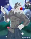 absurd_res anthro canid canine clothing erection erection_under_clothing hi_res looking_at_viewer male male/male mammal mirandaths muscular muscular_anthro muscular_male mythological_canine mythological_creature mythology nipples pecs smile smirk solo were werecanid werecanine werewolf zipper_down