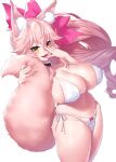  1girl animal_ear_fluff animal_ears bangs bare_shoulders bikini blush bow breasts choker cleavage collarbone fangs fate/grand_order fate_(series) fox_ears fox_girl fox_tail grabbing_own_tail hair_between_eyes hair_bow highleg highleg_bikini highres koyanskaya_(fate) large_breasts long_hair looking_at_viewer navel onsoku_inu open_mouth pink_bow pink_hair ponytail sidelocks skindentation smile solo swimsuit tail tamamo_(fate) thighs white_bikini yellow_eyes 