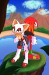 anthro arts_eidolon bat breasts cleavage clothed clothing digital_media_(artwork) duo echidna eyeshadow female gloves hair handwear hi_res knuckles_the_echidna looking_at_viewer looking_back makeup male mammal membrane_(anatomy) membranous_wings monotreme rouge_the_bat sega sonic_the_hedgehog_(series) standing tail wings