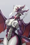  2:3 absurd_res anthro big_breasts blush breasts dragon dragonmaid_(yu-gi-oh!) dragonmaid_sheou duel_monster female genitals hand_on_breast hi_res horn kanakakia konami membrane_(anatomy) membranous_wings nude pussy scales solo wings yu-gi-oh! 