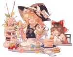  2girls :d ^_^ asakura_maru bare_shoulders black_hat black_vest blonde_hair blush bow braid brown_hair cake cake_slice closed_eyes commentary_request cream crossed_bangs detached_sleeves facing_viewer flower food fork frilled_bow frilled_hair_tubes frilled_hat frills fruit hair_between_eyes hair_bow hair_tubes hakurei_reimu hand_on_own_cheek hand_on_own_face happy hat hat_bow head_rest highres holding holding_food ice_cream kirisame_marisa leaf long_hair long_sleeves looking_at_another multiple_girls open_mouth parfait pink_flower puffy_short_sleeves puffy_sleeves red_bow red_eyes red_shirt ribbon-trimmed_sleeves ribbon_trim shirt short_sleeves side_braid sidelocks simple_background single_braid skirt sleeveless sleeveless_shirt smile strawberry sweatdrop touhou turtleneck vest white_background white_bow white_shirt white_skirt white_sleeves witch_hat yellow_flower 