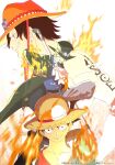  3boys ascot belt black_coat black_hair black_hat coat elbow_pads english_commentary fire freckles goggles goggles_on_headwear hat highres kojima_takashi looking_ahead looking_at_viewer male_focus monkey_d._luffy multiple_boys one_piece orange_hat portgas_d._ace red_shirt sabo_(one_piece) scar scar_on_face shirt short_hair single_elbow_pad smile straw_hat third-party_source upper_body waistcoat white_ascot 