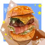  absurdres bacon bread burger cheese food food_focus highres lettuce meat no_humans original sparkle star_(symbol) takisou_sou 
