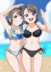  absurdres ass ass_visible_through_thighs beach blue_eyes breasts brown_hair cleavage highres love_live! love_live!_sunshine!! midriff multiple_girls navel salute sand short_hair sky swimsuit thighs uroji_geta watanabe_you watanabe_you&#039;s_mother 