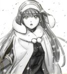  1girl aoba_(smartbeat) bangs breasts cloak fate/grand_order fate_(series) fur-trimmed_headwear greyscale large_breasts leotard long_hair looking_at_viewer martha_(fate) martha_(santa)_(fate) monochrome open_mouth sketch solo 