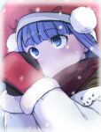  1girl aoba_(smartbeat) apron bangs blue_eyes breasts brooch brown_shirt fate/grand_order fate_(series) hat highres jewelry long_hair long_sleeves looking_up martha_(fate) martha_(santa)_(fate) mittens off_shoulder purple_hair red_headwear santa_hat scarf shirt small_breasts snowing solo white_apron 
