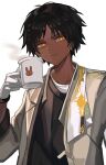  1boy arknights black_hair black_shirt brown_jacket commentary_request cup dark-skinned_male dark_skin highres holding holding_cup imemi_fryme jacket looking_at_viewer male_focus mug orange_eyes shirt short_hair simple_background smile solo steam thorns_(arknights) undershirt upper_body white_background white_shirt 