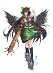  1girl ;) absurdres arm_cannon asymmetrical_legwear bangs bird_wings black_hair black_thighhighs black_wings bow cape closed_mouth collared_shirt full_body green_bow hair_bow hand_up highres long_hair looking_at_viewer mismatched_legwear one_eye_closed po_(anhk5528) red_eyes reiuji_utsuho shirt short_sleeves simple_background smile solo thighhighs third_eye touhou weapon white_background white_cape white_shirt wings 