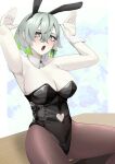  1girl absurdres animal_ears armpits arms_up bare_shoulders black_leotard blush breasts cleavage clothing_cutout cotan_(actancyaga) diabellstar_the_black_witch duel_monster fake_animal_ears fishnet_pantyhose fishnets green_hair grey_eyes grey_hair heart_cutout highres large_breasts leotard multicolored_hair navel_cutout on_table pale_skin pantyhose playboy_bunny rabbit_ears short_hair sitting solo strapless strapless_leotard streaked_hair table two-tone_hair wrist_cuffs yu-gi-oh! 