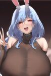  1girl animal_ears aster_crowley blue_hair blush bodysuit braid braided_ponytail breasts clothing_cutout hololive huge_breasts light_blue_hair long_hair long_sleeves looking_at_viewer mature_female open_mouth pekomama rabbit_ears rabbit_girl short_eyebrows shoulder_cutout smile solo thick_eyebrows virtual_youtuber 