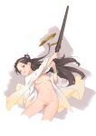  1girl ass_visible_through_thighs bigrbear black_hair bracelet breasts brown_eyes cropped_legs earrings highres jewelry long_hair looking_at_viewer medium_breasts navel nipples open_mouth original pussy solo sword uncensored weapon wooden_sword 