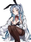  1girl angela_(project_moon) animal_ears black_pantyhose blue_hair bow bowtie breasts cleavage closed_mouth detached_collar fake_animal_ears highres lab_coat large_breasts leotard light_blue_hair lobotomy_corporation long_hair long_sleeves looking_at_viewer mu46016419 one_side_up pantyhose playboy_bunny project_moon rabbit_ears simple_background single_bare_shoulder sleeves_past_fingers sleeves_past_wrists solo traditional_bowtie white_background yellow_eyes 