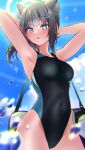  1girl absurdres animal_ear_fluff animal_ears armpits arms_behind_head bangs black_swimsuit blue_archive blue_eyes blue_sky blurry breasts cloud commentary_request competition_swimsuit covered_navel cowboy_shot cross_hair_ornament depth_of_field extra_ears grey_hair hair_ornament halo highres kanashimiojisan looking_at_viewer low_ponytail medium_breasts medium_hair mismatched_pupils multicolored_clothes multicolored_swimsuit one-piece_swimsuit presenting_armpit shiroko_(blue_archive) shiroko_(swimsuit)_(blue_archive) sky solo swimsuit water_drop 