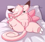  absurd_res anus bed blush clair_the_clefable claws clefable female furniture generation_1_pokemon genitals hair hair_over_eye hi_res looking_at_viewer nintendo nulloffset one_eye_obstructed pink_body pokemon pokemon_(species) presenting presenting_pussy pussy raised_leg solo tail wings 
