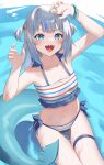  1girl :d absurdres arm_up bikini blue_bracelet blue_eyes blue_hair blush bracelet commentary_request fins fish_tail flat_chest gawr_gura grey_hair hair_ornament hand_up highres hololive hololive_english horizontal-striped_bikini jewelry long_hair looking_at_viewer midriff multicolored_hair navel open_hand open_mouth pendora1022 shark_girl shark_hair_ornament shark_tail sharp_teeth side-tie_bikini_bottom sitting smile solo streaked_hair swimsuit tail teeth thigh_gap thigh_strap two-tone_hair v-shaped_eyebrows virtual_youtuber water wet 