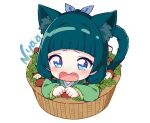  1girl animal_ear_fluff animal_ears blue_eyes blue_hair blue_ribbon blush cat_ears cat_girl cat_tail chibi commentary copyright_request english_commentary freckles full_body green_kimono hair_ribbon hitsukuya in_basket japanese_clothes kimono long_sleeves looking_at_viewer mushroom open_mouth ribbon romaji_commentary romaji_text simple_background solo tail wavy_mouth white_background 