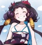  1girl aoba_(smartbeat) bangs bare_shoulders bikini breasts closed_eyes collarbone fate/grand_order fate_(series) floral_print goggles goggles_on_head grin hair_ornament katsushika_hokusai_(fate) katsushika_hokusai_(swimsuit_saber)_(fate) long_hair medium_breasts obi purple_hair sash sidelocks smile solo swimsuit white_bikini 