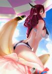  1girl absurdres banana bangs barefoot beach_umbrella bikini can day food fruit highres hololive hololive_english horns inflatable_toy irys_(hololive) legs long_hair looking_at_viewer multicolored_hair pointy_ears purple_eyes purple_hair red_hair sky soda_can solo swimsuit the_raineman toes umbrella virtual_youtuber 