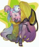  1girl :d bent_over bow-shaped_hair breasts character_hair_ornament full_body grey_footwear grey_shirt hair_ornament highres iono_(pokemon) jacket knees long_sleeves mixed-language_commentary multicolored_hair open_mouth pink_hair poch4n pokemon pokemon_sv shirt shoes single_leg_pantyhose sleeveless sleeveless_shirt sleeves_past_fingers sleeves_past_wrists smile solo teeth thigh_strap two-tone_hair upper_teeth_only yellow_jacket 