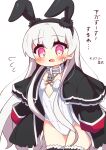  1girl absurdres alternate_costume animal_ears black_capelet black_hairband black_jacket black_thighhighs blush breasts capelet commentary_request fake_animal_ears fate/extra fate_(series) flying_sweatdrops hair_between_eyes hairband highres jacket leotard long_hair long_sleeves looking_at_viewer nursery_rhyme_(fate) open_clothes open_jacket open_mouth pink_eyes rabbit_ears simple_background skull_and_crossbones sleeves_past_fingers sleeves_past_wrists small_breasts small_sweatdrop solo sweat thighhighs translation_request very_long_hair white_background white_hair white_leotard yuya090602 