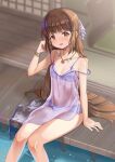  1girl arm_at_side bare_arms bikini bikini_under_clothes blunt_bangs blunt_ends blurry blurry_background breasts brown_eyes brown_hair collarbone dress feet_out_of_frame hair_spread_out hand_in_own_hair hand_up head_tilt idolmaster idolmaster_cinderella_girls jewelry knees_together_feet_apart light_blush long_hair looking_at_viewer multi-strapped_bikini_bottom necklace open_mouth pendant purple_bikini see-through see-through_dress sitting small_breasts smile solo spaghetti_strap straight_hair strap_slip swimsuit very_long_hair water wooden_floor wristband yorita_yoshino zaxwu 