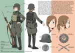  1girl ammunition_pouch backpack bag bayonet bedroll black_bag black_footwear bolt_action boots breast_pocket breeches brown_eyes brown_hair buttons canteen character_profile closed_mouth combat_helmet commentary commission english_text flag_background freckles from_behind full_body gaiters green_jacket green_pants gun gun_sling hair_between_eyes helmet highres holding holding_gun holding_weapon ireland irish_army irish_flag jacket lee-enfield load_bearing_equipment long_hair long_sleeves looking_at_viewer low_ponytail medal military military_jacket military_uniform mrxinom multiple_views original pants pocket ponytail pouch reference_sheet rifle shoulder_boards simple_background smile soldier solo stahlhelm standing turnaround uniform weapon world_war_ii 