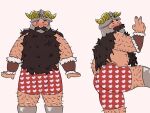  1boy absurdres arms_at_sides ass bara beard blush boxers dungeon_meshi dwarf facial_hair facing_viewer fake_horns hairy heart heart_print helmet highres horned_helmet horns long_beard male_focus male_underwear multiple_views mustache nico_(nicob04) plump red_male_underwear senshi_(dungeon_meshi) sideways_glance standing thick_arm_hair thick_leg_hair thick_mustache underwear v very_long_beard 