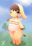 2022 animal_crossing anthro artist_logo artist_name belly big_belly biped blush blush_lines bodily_fluids bottomless breasts breath brown_eyes brown_hair clothed clothing dipstick_tail elephant elephantid eloise_(animal_crossing) exposure_variation eyelashes female full-length_portrait genital_fluids genitals gesture grass grass_field hair hi_res hooves innie_pussy kemono logo looking_at_viewer mammal markings medium_breasts musk musk_clouds navel nintendo nipple_outline open_mouth open_smile orange_clothing orange_shirt orange_topwear outside overweight overweight_anthro overweight_female pattern_clothing pattern_shirt pattern_topwear plant portrait proboscidean pussy shirt smile solo standing striped_clothing striped_shirt striped_topwear stripes sweat tail tail_markings thick_thighs three-quarter_view topwear tree usssar12 vaginal_fluids waving waving_at_viewer white_clothing white_shirt white_topwear yellow_body