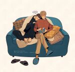  2boys adam_parrish barefoot bishounen black_hair black_sweater blonde_hair blush book buzz_cut catbishonen couch couple full_body head_on_another&#039;s_shoulder highres holding holding_book holding_pen leaning_on_person male_focus multiple_boys pants pen pillow red_sweater ronan_lynch short_hair sitting sleeping smile speech_bubble sweater the_raven_cycle track_pants under_covers very_short_hair writing yaoi zzz 
