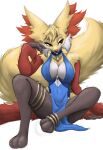  anklet anthro barefoot bedroom_eyes big_ears black_body black_fur blue_clothing blue_dress breasts brown_eyes cheek_tuft cleavage clothed clothing delphox dress facial_tuft feet female fur generation_6_pokemon head_tuft hi_res inner_ear_fluff jewelry long_fur narrowed_eyes necklace nintendo pokemon pokemon_(species) red_body red_fur seductive sideless_dress solo stockinger tagme thigh_ring tongue tongue_out tuft white_body white_fur yellow_body yellow_fur 