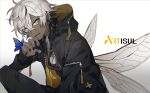  1boy artisul bee_boy bee_wings black_hair black_nails bug butterfly dark-skinned_male dark_skin earrings grey_hair jewelry kiragera long_sleeves looking_at_viewer male_focus multicolored_hair nail_polish sharp_teeth short_hair streaked_hair teeth yellow_eyes zipper_pull_tab 