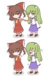  2girls absurdres armpits ascot blue_skirt bow brown_eyes brown_footwear brown_hair closed_mouth detached_sleeves frog_hair_ornament full_body green_hair hair_bow hair_ornament hair_tubes hakurei_reimu highres kochiya_sanae kokowoch long_hair long_tongue meme multiple_girls red_bow red_skirt ribbon-trimmed_sleeves ribbon_trim shirt short_hair sidelocks simple_background skirt snake_hair_ornament thour_(meme) tongue touhou white_background white_shirt yellow_ascot 