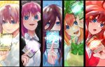  5girls ahoge bangs black_jacket blazer blue_eyes bow bowtie brown_hair card coco_apollon commentary_request go-toubun_no_hanayome green_bow green_bowtie green_ribbon hair_between_eyes hair_ornament hair_ribbon holding holding_card jacket long_hair looking_at_viewer multiple_girls nakano_ichika nakano_itsuki nakano_miku nakano_nino nakano_yotsuba open_mouth orange_hair pink_hair plaid plaid_bow plaid_bowtie quintuplets red_hair red_sweater_vest ribbon school_uniform shirt short_hair siblings sisters star_(symbol) star_hair_ornament sweater_vest teeth white_shirt yellow_sweater_vest 