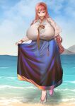  1girl absurdres breasts brown_hair clothes_lift commission hair_behind_ear hanbok hand_on_hip highres huge_breasts impossible_clothes korean_clothes long_hair looking_at_viewer minimin717 mountainous_horizon ocean original red_eyes skirt skirt_lift smile solo 
