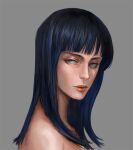  1girl bare_shoulders blue_eyes blue_hair blunt_bangs closed_mouth commentary_request dark_blue_hair grey_background long_hair nico_robin one_piece portrait simple_background solo yookbz 
