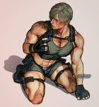  1boy abs bara black_gloves black_shorts brown_hair cosplay crop_top curtained_hair fingerless_gloves gloves gun highres holding holding_gun holding_weapon lara_croft lara_croft_(cosplay) large_pectorals leon_s._kennedy male_focus muscular muscular_male pectorals resident_evil resident_evil_4 resident_evil_4_(remake) short_hair shorts simple_background solo thick_thighs thighs tomb_raider twitter_username umikochannart weapon 