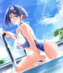  1girl absurdres bikini blue_eyes blue_hair bracelet day hair_intakes highres hololive jewelry looking_at_viewer o-ring o-ring_bikini ouro_kronii pool short_hair solo sunlight swimsuit the_raineman virtual_youtuber water wet 