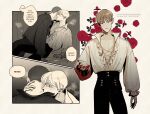  2boys absurdres adam_parrish bishounen black_hair blonde_hair blood blood_on_hands blush buzz_cut catbishonen cowboy_shot english_text floral_print freckles highres kiss kissing_neck limited_palette looking_at_viewer male_focus multiple_boys multiple_views pectoral_cleavage pectorals pointy_ears red_eyes ronan_lynch short_hair speech_bubble the_raven_cycle vampire very_short_hair 