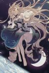  1girl absurdly_long_hair bangs barefoot black_choker black_dress blonde_hair breasts choker crescent_moon detached_sleeves dress enna_alouette floating floating_hair full_body highres long_hair looking_away looking_to_the_side moon nijisanji nijisanji_en official_alternate_costume parted_lips purple_eyes ribbon small_breasts solo space stayquiet2022 strapless strapless_dress very_long_hair virtual_youtuber 