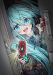  1girl absurdres angle_grinder bag black_bag blood blood_on_clothes blood_on_hands blue_eyes blue_hair blue_nails blue_necktie blush collared_shirt commentary_request corpse door_chain dutch_angle fingernails grey_shirt hair_between_eyes hair_ornament hatsune_miku heart heart_in_eye highres holding hymgkamui light_blush long_fingernails long_hair looking_at_viewer loose_necktie microphone nail_polish necktie open_mouth opening_door power_tool shirt shoulder_bag sparks symbol_in_eye teeth tongue very_long_hair vocaloid wide-eyed yandere 