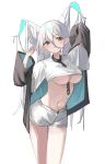  1girl absurdres arms_up bangs breasts chain commentary_request cowboy_shot grey_eyes hair_between_eyes highres large_breasts long_hair long_sleeves looking_at_viewer navel original shiro_wa_(shiroshironix) shirt short_shorts shorts simple_background solo standing stomach thighs underboob very_long_hair white_background white_hair white_shirt white_shorts 